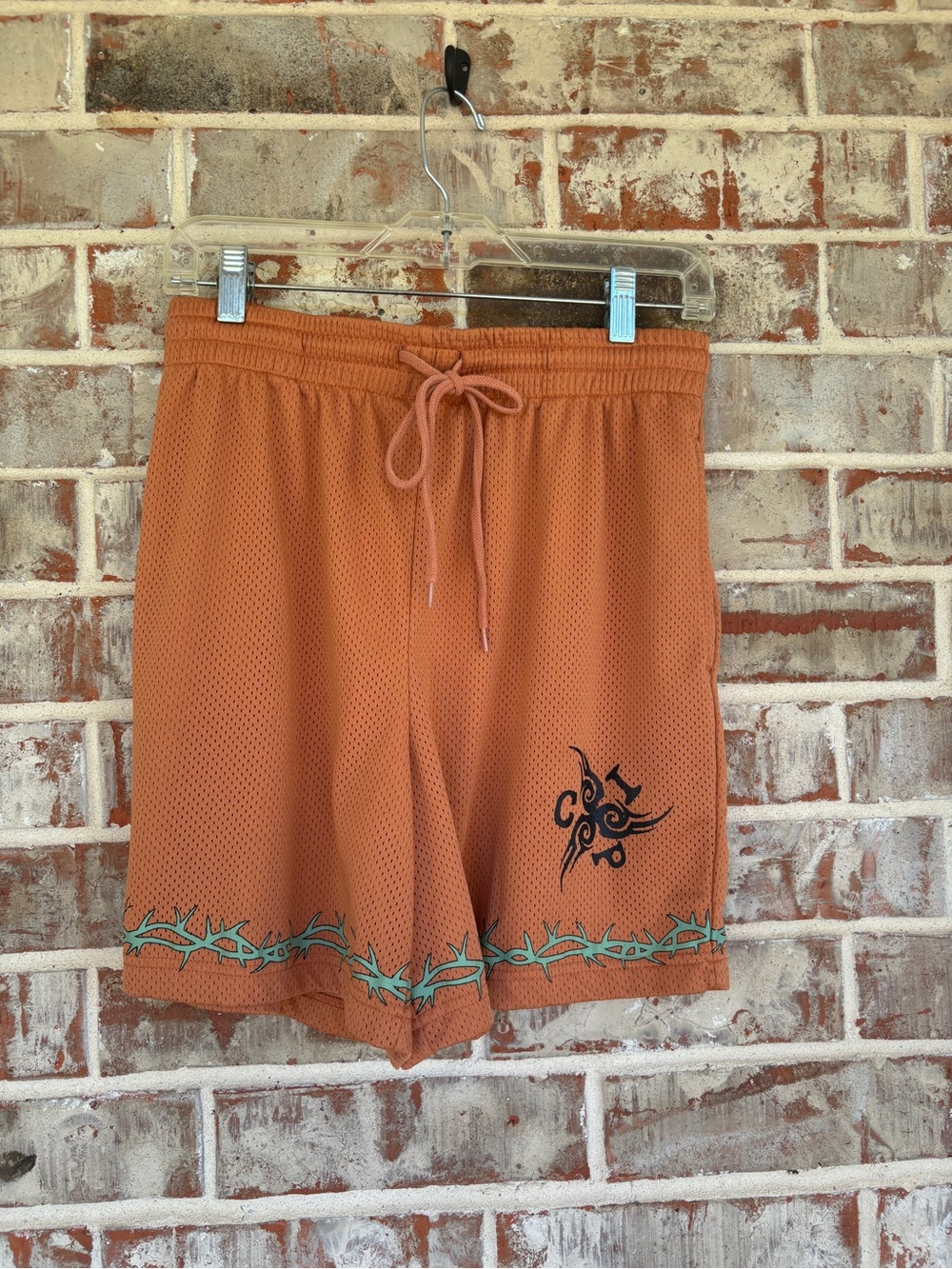 Coney Island Picnic Mesh Drawstring Shorts in Rust with Graphic Detail